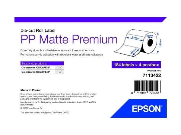 Epson Premium - Polypropylen (PP) - matt - permanent akrylhäftning - A4 (210 x 297 mm) 736 etikett (er) (4 rulle/rullar x 184) box - matrisskurna e...