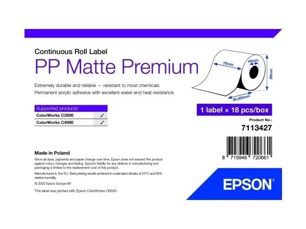 EPSON PP Matte Label 76mmx29m kuitti-/kuponkirulla (jatkuva)