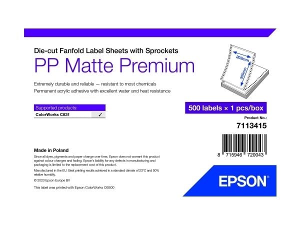 Epson Premium - Polypropylen (PP) - matt - permanent akryl-adhesiv - 203 x 305 mm 500 etikett(er) støpekuttet siksakfalsete etiketter med hull