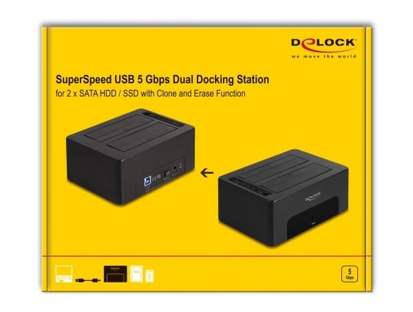 Delock USB dobbel dockingstasjon for 2 x SATA HDD / SSD med klone- og slettefunksjon
