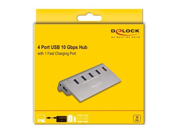 Delock USB 10 Gbps -keskitin, jossa on 4 USB Type-A-porttia + 1 pikalatausportti, sis. virtalähteen