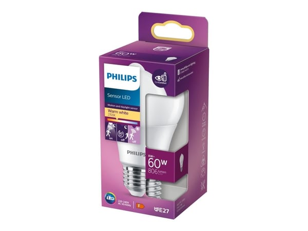 Philips - LED-glödlampa - glaserad finish - E27 - 8 W (motsvarande 60 W) - klass F - varmt vitt ljus - 2700 K