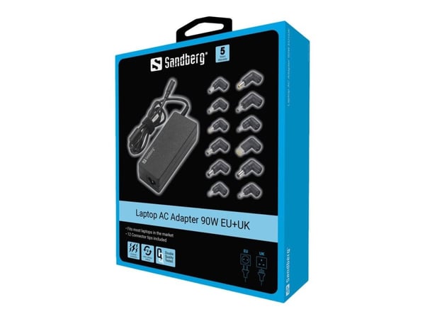 Sandberg - Strømadapter - EU+UK - AC 100-240 V - 90 watt - utgangskontakter: 12