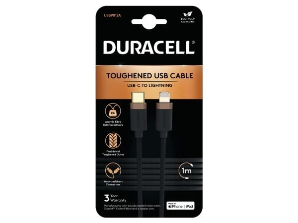 Duracell USB9012A, 1 m, Lightning, USB C, Hankjønn, Hankjønn, Svart