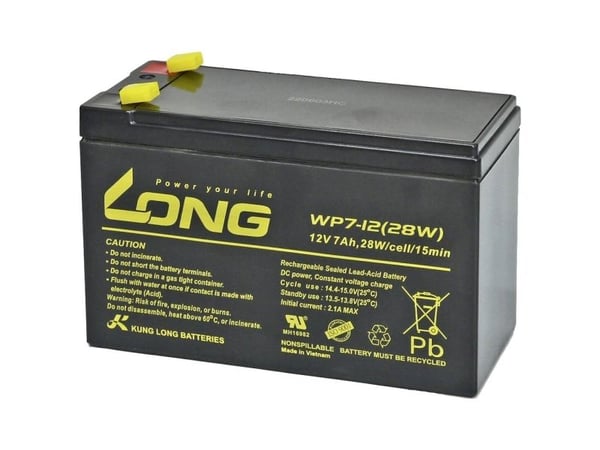 Long WP7-12(28W)-M/F1 blybatteri 12 V 7 Ah (151 x 102 x 65 mm) flatstift 4,8 mm VDS-sertifisert, lav selvutlading, vedlikeholdsfritt