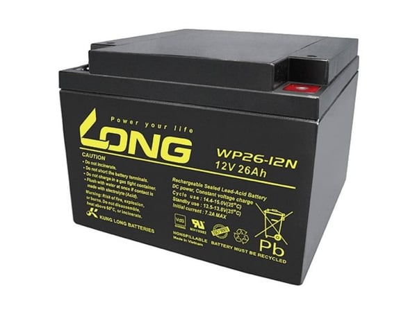 Long WP26-12N-M blybatteri 12 V 26 Ah blyfleece 166 x 125 x 175 mm M5 skruetilkobling lav selvutladning vedlikeholdsfritt