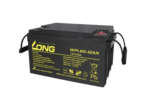 Long WPL65-12AN-M blybatteri 12 V 65 Ah blyfleece 350 x 179 x 167 mm M6 skrutilkobling lav selvutlading vedlikeholdsfri
