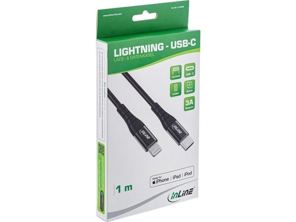 InLine 31450D, 1 m, Lightning, USB C, Uros, Uros, Musta