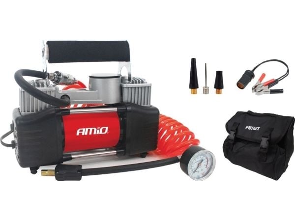 Amio metall to-stempel kompressor med trykkmåler 12V