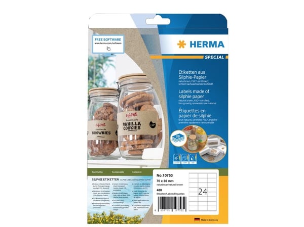 HERMA 10753, Brun, Rektangel, Permanent, 70 x 36 mm, A4, Universal