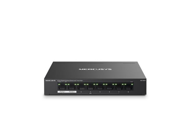 Mercusys MS108GP, hanterad, Gigabit Ethernet (10/100/1000), Full duplex, Strömförsörjning via Ethernet (PoE) stöd, Monteringsbar på väggen