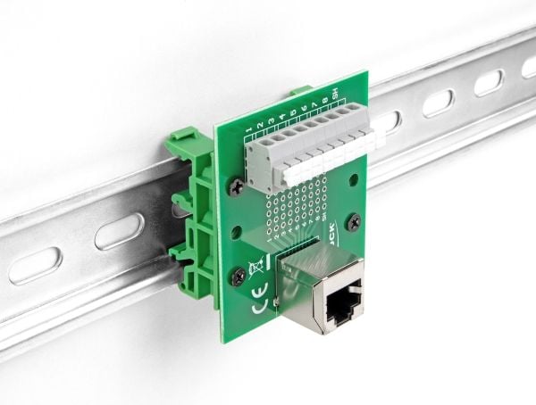 Delock - Nettverksadapter - RJ-45 (hunn) vinklet til 9-pins terminalblokk - DIN-rail mountable, trykknapp, 3,81 mm stigning, stifttilordning: 1:1