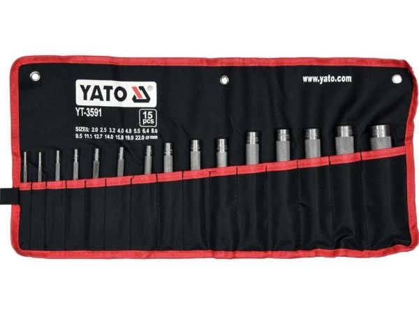 Yato YT-3591, Hullsett, Kull stål, Lær, Sølv, 15 stykker