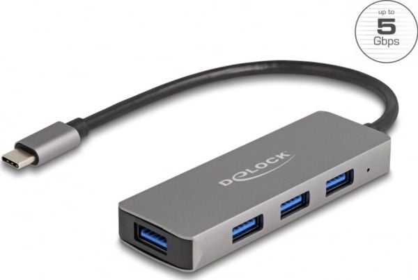 Delock 4-porter USB 3.2 Gen 1-hub med USB Type-C-tilkobling – USB Type-A-kontakter på siden