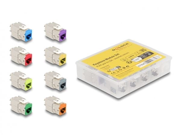 Delock - Keystone module - RJ-45 (hunn) til LSA (hunn) - STP - CAT 6a - grå, blå, gul, rød, grønn, oransje, fiolett, neongul (en pakke 8)