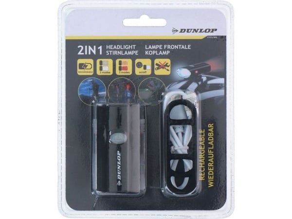Dunlop sykkel lampe 2-i-1 med USB-lading, feste for montering på hjelm