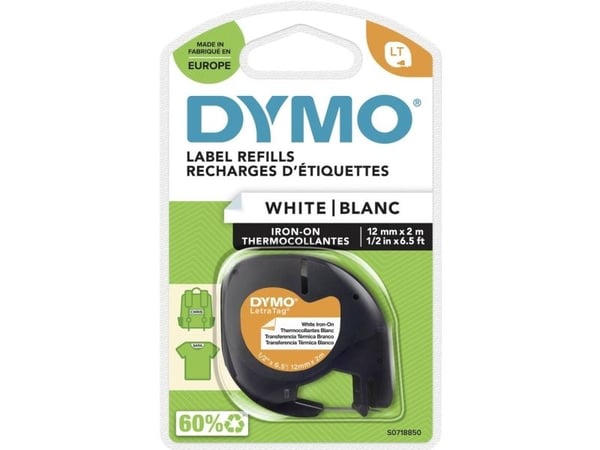 Labeltape DYMO LetraTAG 12mm x 2m hvid stryg-på-tape