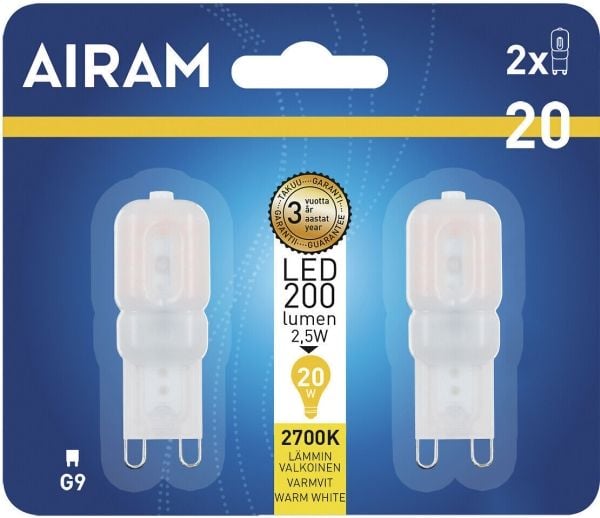 Airam LED-pære kuppel opal G9 200 lm - 2-pak