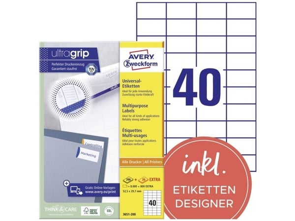 Avery Universal Labels, White 52,5x29,7mm (200), 200 arkkia, 29,7 mm, 52,5 mm, 8000 kpl