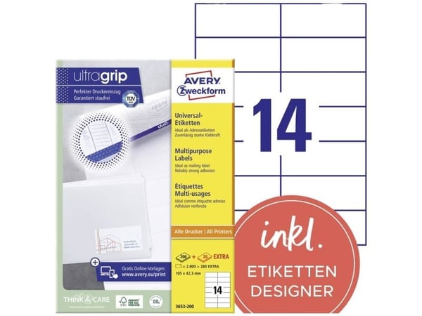 Avery Zweckform 3653 - Papir - permanet adhesiv - hvit - 105 x 42.3 mm 2800 etikett(er) (200 ark x 14 merkelapper