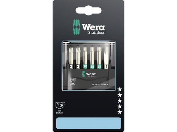 Wera 05073634001, 6 stykker, Pozidriv, Torx, PZ 2, TX20, TX25, Rustfritt stål, 2 x PZ 2x50 1 x TX 20x50 2 x TX 25x50 1 x 5.5x50