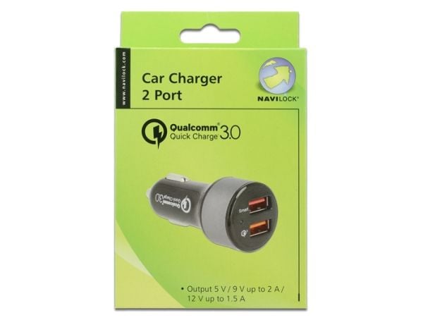 Navilock - Bilstrømadapter - 3 A - QC 3.0 - 2 utgangskontakter (USB) - svart