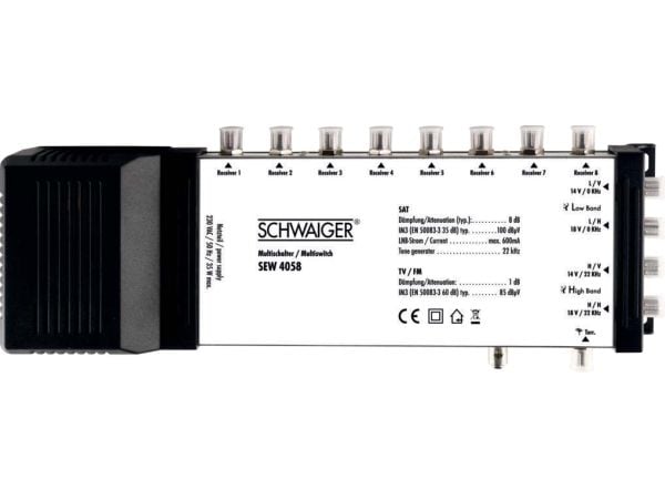 Schwaiger SEW4058531, 5 ingångar, 8 utgångar, 950 - 2150 MHz, 47 - 862 MHz, 8 dB, 1 dB