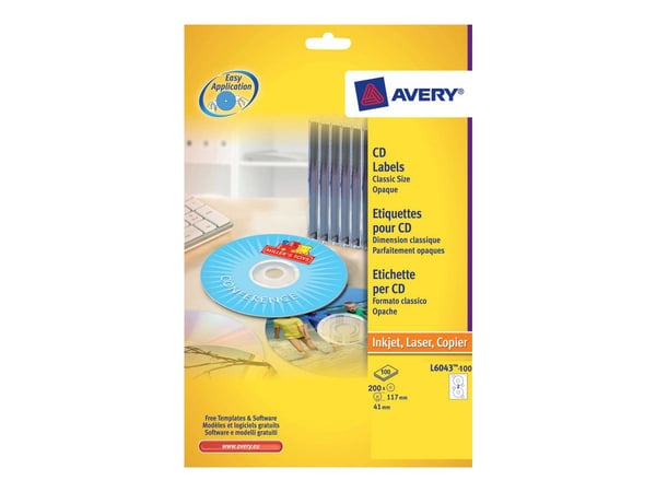 Avery CD/DVD Labels Classic Size - Vit - 117 mm rund 200 etikett (er) (100 ark x 2) CD/DVD-etiketter