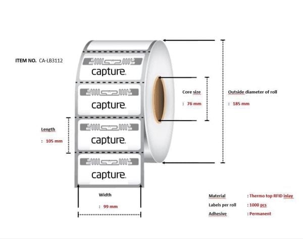 Capture - Permanent klebemiddel - hvit - 99 x 105 mm 1000 etikett(r) (1 rulle(r) x 1000) boks - RFID-etiketter