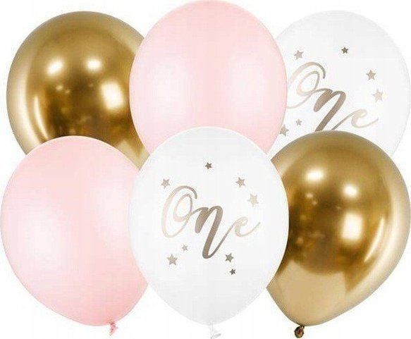 PartyDeco SB14P-307-081B-6, Toy balloon, Gull, Rosa, Hvit, Bursdag, Oval, 30 cm, 6 stykker