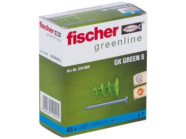 Fischer 524869, Kit med skruv och väggplugg, Gipsskivor, Grön, PZ2, 22 mm, 2,5 cm