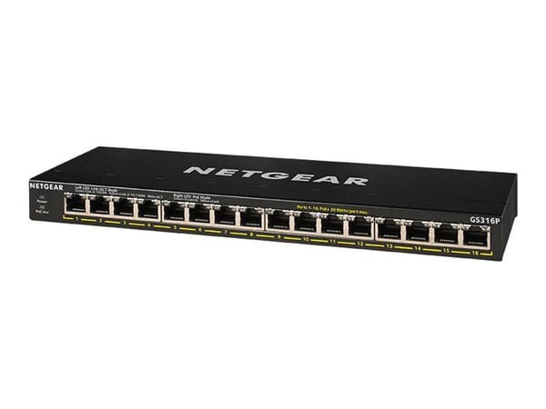 NETGEAR GS316P - Switch - ikke-styrt - 16 x 10/100/1000 (PoE+) - stasjonær, veggmonterbar - PoE+ (115 W)