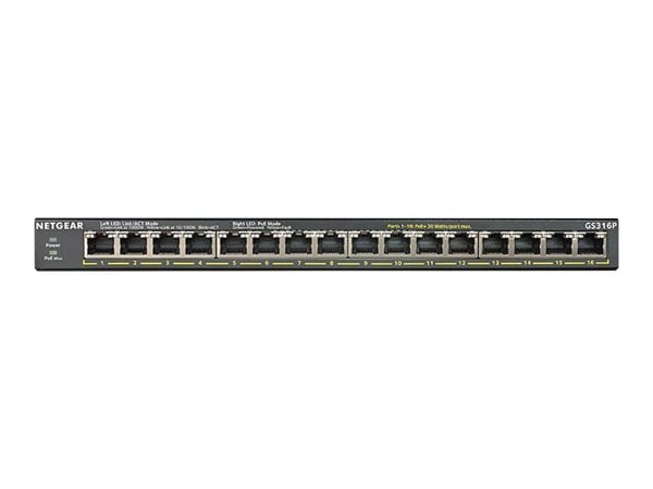 NETGEAR GS316P - Switch - ikke-styrt - 16 x 10/100/1000 (PoE+) - stasjonær, veggmonterbar - PoE+ (115 W)