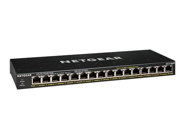 NETGEAR GS316P - Switch - ikke-styrt - 16 x 10/100/1000 (PoE+) - stasjonær, veggmonterbar - PoE+ (115 W)