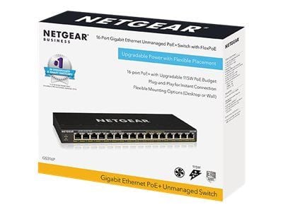 NETGEAR GS316P - Switch - ikke-styrt - 16 x 10/100/1000 (PoE+) - stasjonær, veggmonterbar - PoE+ (115 W)