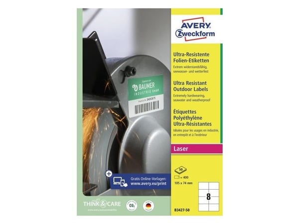 Avery B3427-50 105 x 74 mm, A4, belagt, matt, hvit – lang holdbarhet