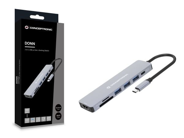 Conceptronic DONN19G, Koblet med ledninger (ikke trådløs), USB 3.2 Gen 1 (3.1 Gen 1) Type-C, 100 W, Grå, MicroSD (TransFlash), SD, 5 Gbit/s