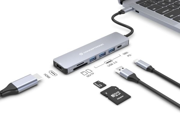 Conceptronic DONN19G, Koblet med ledninger (ikke trådløs), USB 3.2 Gen 1 (3.1 Gen 1) Type-C, 100 W, Grå, MicroSD (TransFlash), SD, 5 Gbit/s