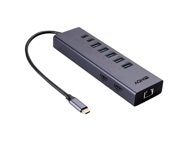 Lindy 43373, Koblet med ledninger (ikke trådløs), USB 3.2 Gen 2 (3.1 Gen 2) Type-C, 100 W, 10,100,1000 Mbit/s, 10BASE-T, 100BASE-TX, 1000BASE-T, Grå