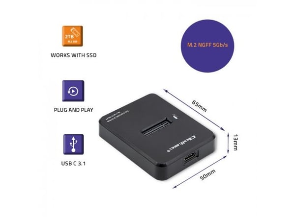 Qoltec 50314, SSD-kotelo, M.2, SATA, USB-liitettävyys, Musta