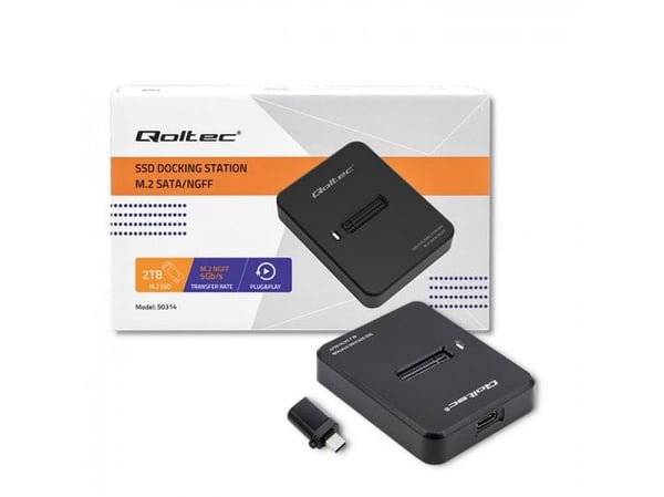 Qoltec 50314, SSD-kotelo, M.2, SATA, USB-liitettävyys, Musta