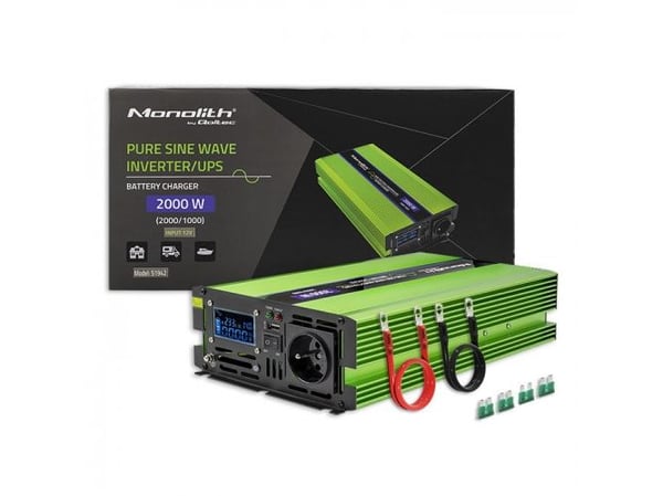 Qoltec Monolith - DC til AC strømomformer / batterilader / UPS - pure sine wave, LCD - AC 230 V / DC 12 V - 1000 watt - utgangskontakter: 2