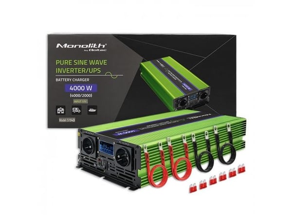 Qoltec Monolith - DC til AC strømomformer / batterilader / UPS - pure sine wave, LCD - AC 230 V / DC 12 V - 2000 watt - utgangskontakter: 4
