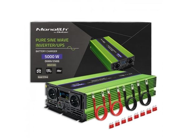 Qoltec Monolith - DC til AC strømomformer / batterilader / UPS - pure sine wave, LCD - AC 230 V / DC 12 V - 2500 watt - utgangskontakter: 4