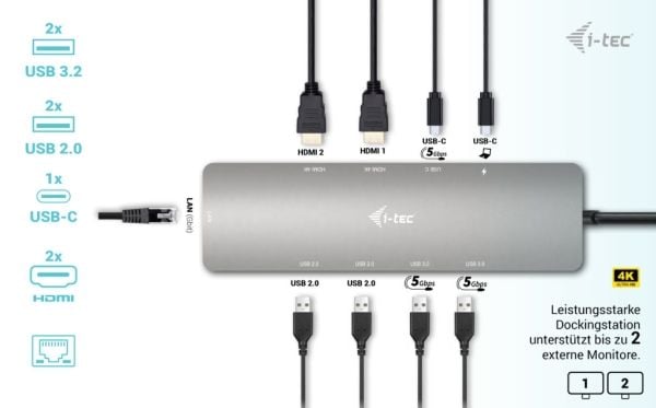 i-Tec Nano Dock - Dokkingstasjon - for bærbar, bærbar - USB4 / Thunderbolt 4 - 2 x HDMI - 1GbE