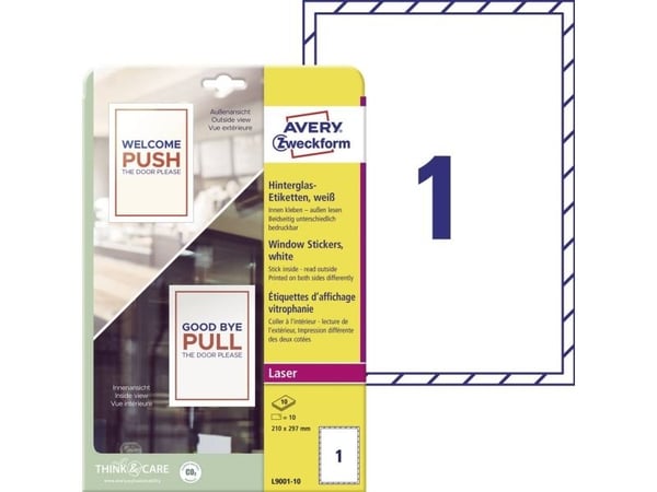 Avery L9001-10, Hvit, Selvklebende skriveretikett, A4, Papir, Polypropylen (PP), Laser, Matte