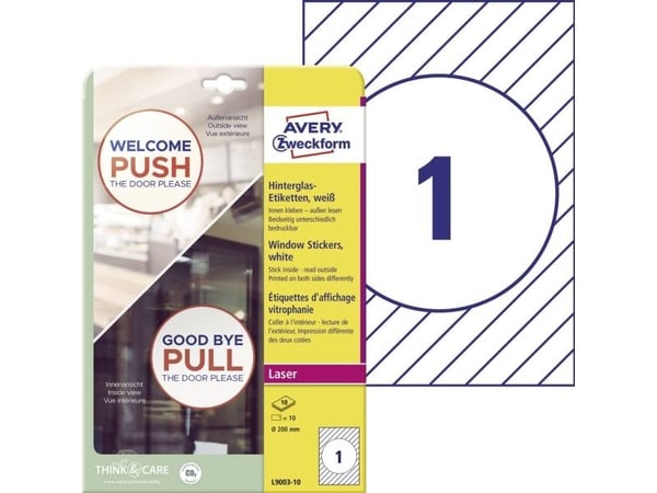 Avery L9003-10, Hvit, Selvklebende skriveretikett, A4, Papir, Polypropylen (PP), Laser, Matte