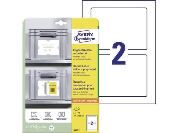 Avery 8002-5, Lysegrå, Hvit, Selvklebende skriveretikett, A4, Polyester, Polypropylen (PP), Gloss, Rektangel
