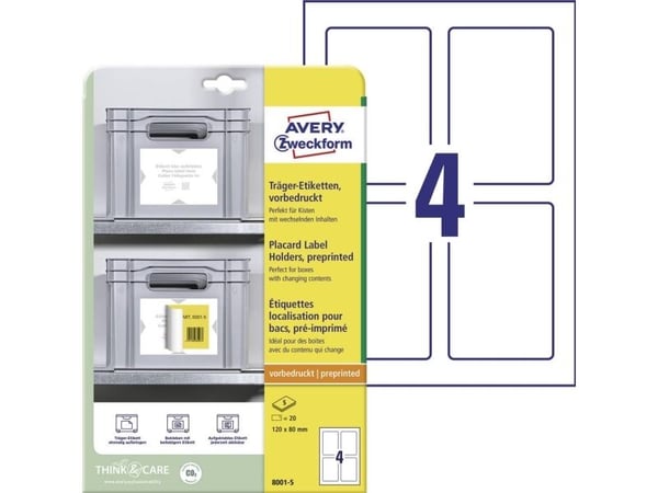 Avery 8001-5, Lysegrå, Hvit, Selvklebende skriveretikett, A4, Polyester, Polypropylen (PP), Gloss, Rektangel