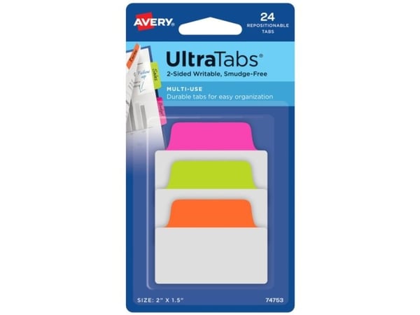 Avery Ultra Tabs, Tomma registerflikar, Grön, Orange, Rosa